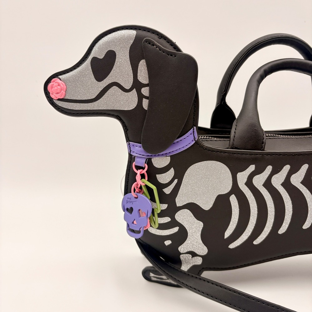 Betsey Johnson Halloween XOBARK Skeleton Dachshund Crossbody Bag Black Doxie Bag - Picture 2 of 14